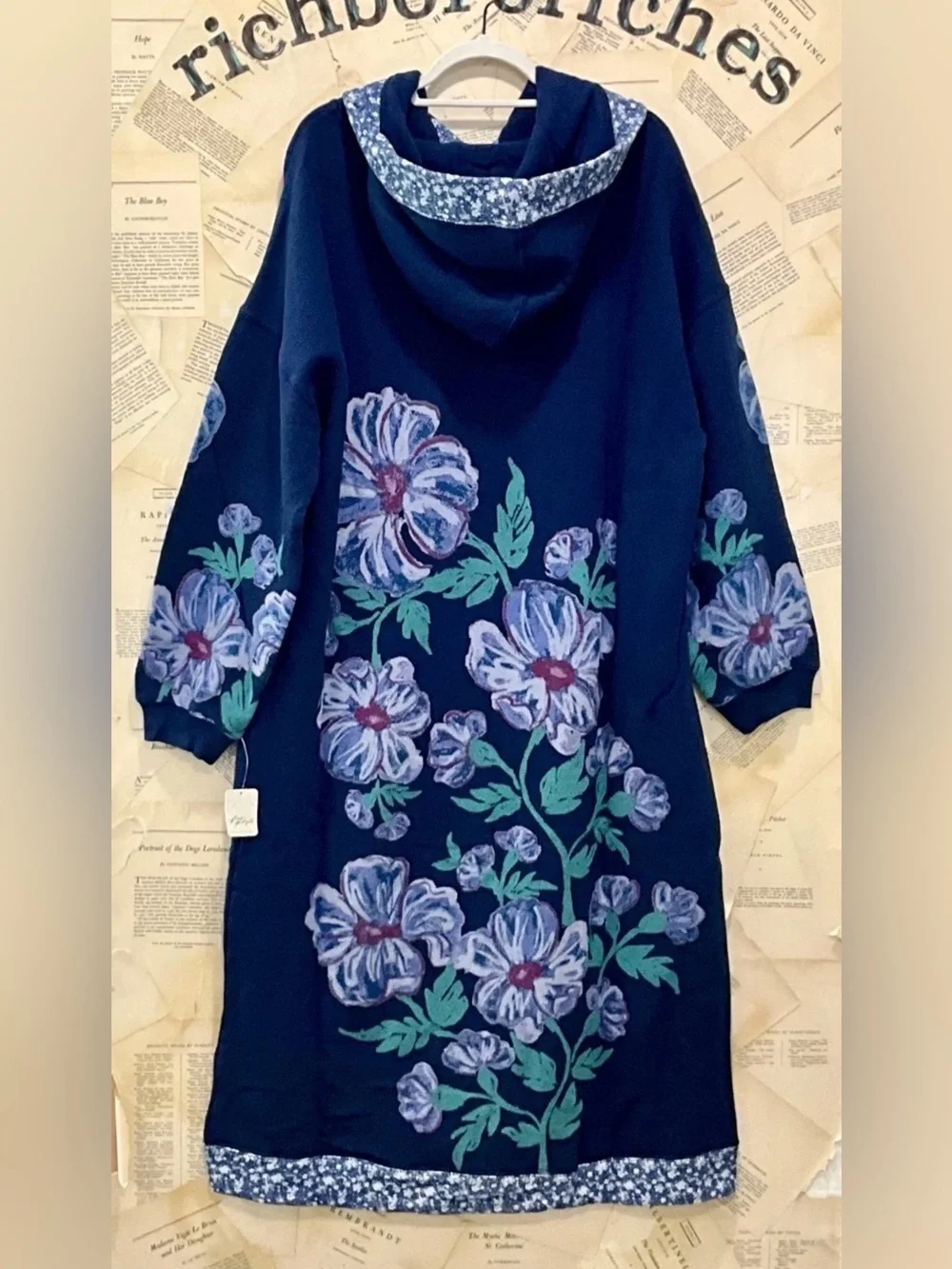 Free People Super Bloom Hood Maxi Sweatshirt Maxi Cardi Coat Blue Flowers